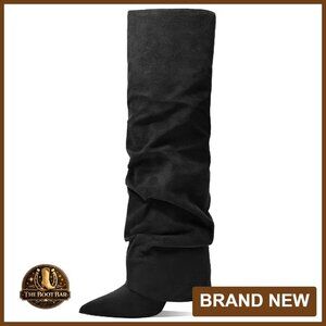 Knee High Boots Fold Over Stiletto Heel Pointed Toe Synthetic Leather